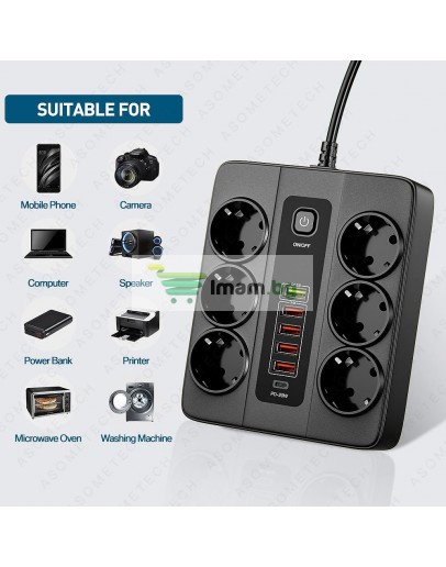 Разклонител с 6 гнезда 3.4А 4 USB Порта и 1 Type-c 3000W